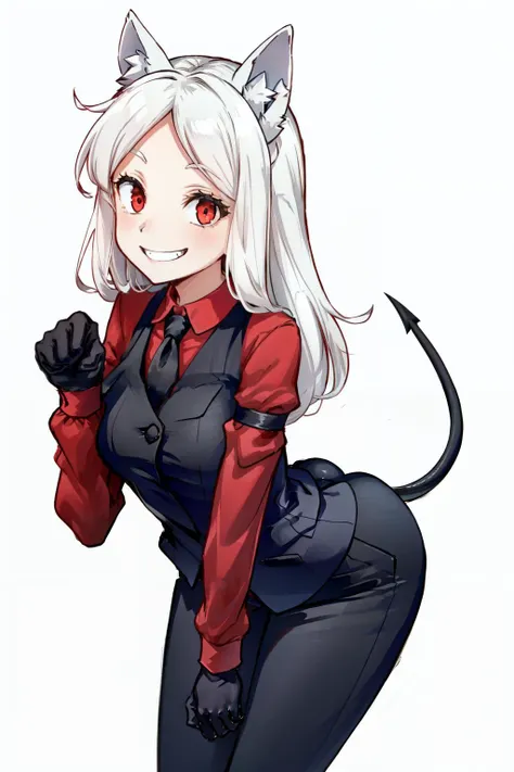 cerberus(helltaker), demon girl, demon tail, waistcoat, pants, white hair, shirt, grin, dog ears, paw pose, collared shirt, long sleeves, dog girl, black vest, 1girl, red eyes, red shirt, simple background, looking at viewer, animal ears, long hair, neckti...