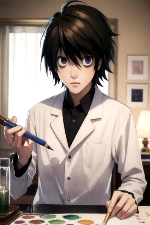 masterpiece, best quality, illustration, 1boy, solo, male focus, looking at viewer, upper body, depth of field, (watercolor illustration, soft pastel colors:1.1), , <lora:l_lawliet:0.74>, l_lawliet, , gangster costume, hard science fiction,