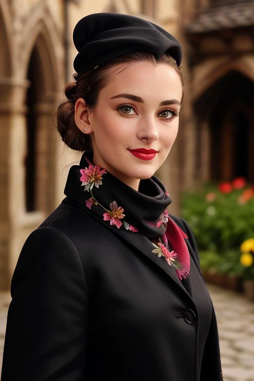 <lora:winona:0.6>,,winona,  ,photo of a woman, ((hair tied back, hair in bun, dark brown hair)), ((outdoors, medieval city, scarf, black coat, flower hat, flowers)),smiling, (red lipstick, blush), ((best quality, masterpiece, extreme details, high resoluti...