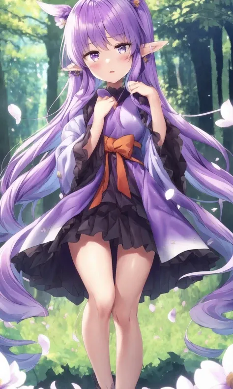 masterpiece, best quality, High definition,  depth of field, 1 girl ,<lora:kyouka:0.8>, Cutouts, purple hair, Long hair, wide sleeves, purple dress, purple orange eyes, pointy ears, black skirt,   flat chest, standing, natural light, day,(forest:1.5), lake...