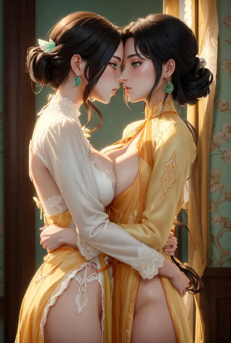 fujin,earrings,forehead jewel,Huge breasts, green eyes,hair ornament,hair rings,<lora:Ð¤ÑÐ´Ð¶Ð¸Ð½ Genshin Impact(fujin,earrings,forehead jewel,Huge breasts, green eyes,hair ornament,hair rings(orange dress):1>orange dress, ((2girls)) in full growth, best ...