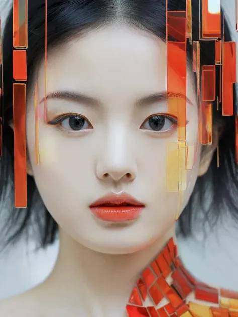 <lora:Glitch Art:1.2>,(gu zhang feng),1girl,solo,black hair,looking at viewer,portrait,parted lips,lips,black eyes,short hair,abstract,glitch,red lips,