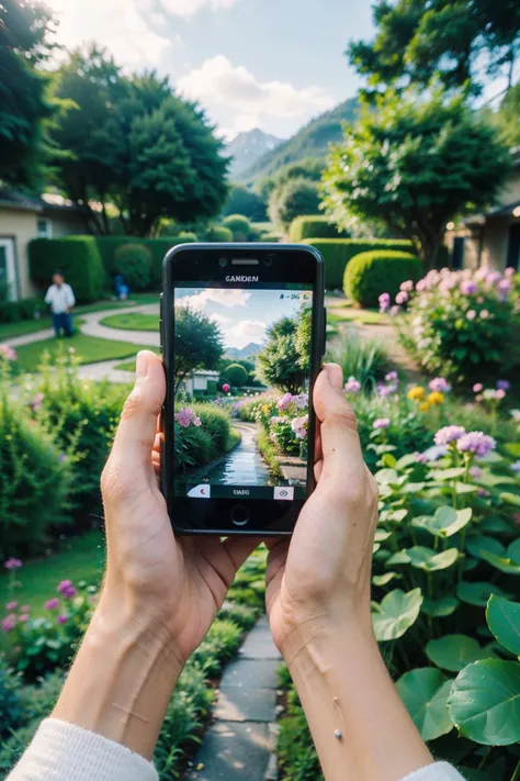 cloud,mountain,sky,camera,reflection,holding,holding camera,pov,long sleeves,(garden:1.4),(flower:1.4),rain,leaf,(cellphone:1.5),
Best quality,masterpiece,ultra high res,<lora:chaoren:0.6:lbw=MIDD:lbw=MIDD>,chaoren,
