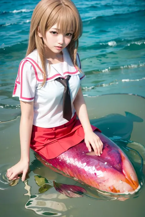 masterpiece, best quality, <lora:sun:1>,1girl, solo, monster girl, long hair, blush, school uniform,pink skirt,wet, mermaid, brown hair, brown eyes, bottomless, very long hair, serafuku,ocean