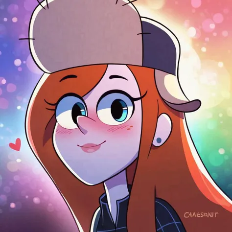 a cartoon girl with a hat and a heart on her head