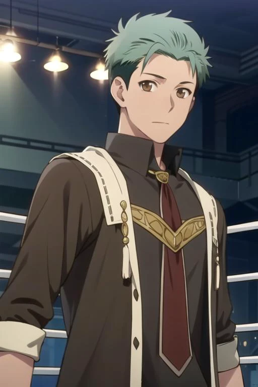 masterpiece, best quality, wallpaper, 1boy, solo, male focus, looking at viewer, upper body, , , realistic, <lora:mitsuhide_rouen:0.74>, mitsuhide_rouen, brown eyes, green hair, short hair, graduation costume, wrestling ring, HD-DVD