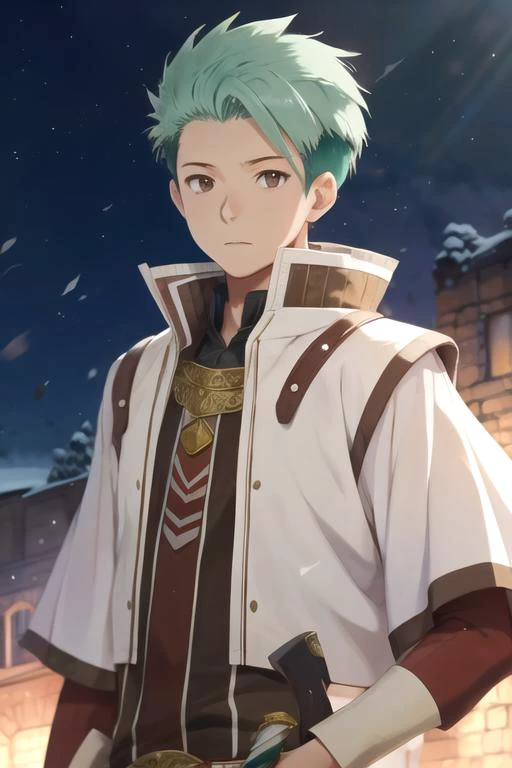 masterpiece, best quality, illustration, 1boy, solo, male focus, looking at viewer, upper body, depth of field, ligne claire, , <lora:mitsuhide_rouen:0.68>, mitsuhide_rouen, brown eyes, green hair, windcheater, , , HD