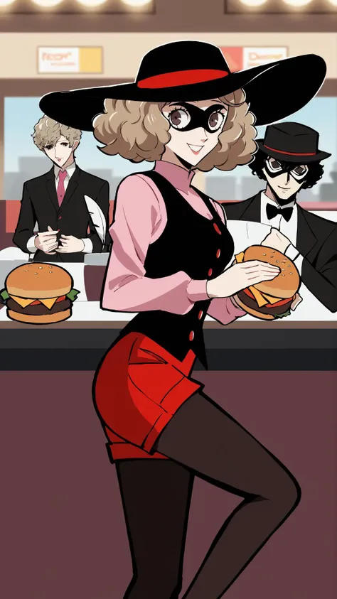 a cartoon picture of a woman in a hat and glasses holding a hamburger