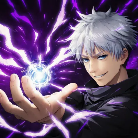 photograph jk3, jujutsu kaisen, 1boy, male focus, blue eyes, high collar, black jacket, short hair, white hair, smile, looking at viewer, upper body, long sleeves, bangs, magic, purple background, electricity, energy, hand up, grin, aura, hair between eyes...