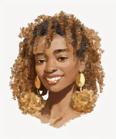 A digital painting of a black skinned woman with golden earrings, curly afro hair, happy expression ((good brushwork)), dramatic lighting,  <lora:DIG_JBX:1.8> DIG_JBX