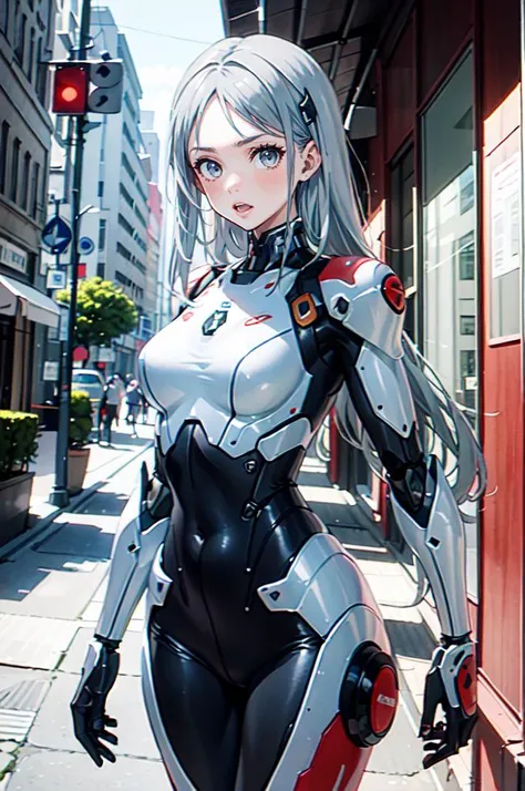 <lora:cyber_20230605125330:0.7> mecha, cowboy shot,, ultra detailed, masterpiece, best quality, aesthetic, detailed,, serious, 1girl, (white eyes:1.1), (grey eyes:1.3), white hair, very long hair, parted hair, parted bangs, <lora:parted_hair_v1.3:1.3>, med...