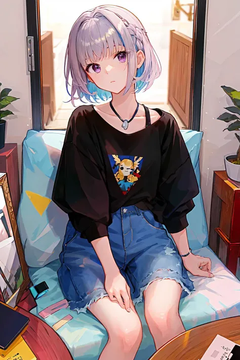 masterpiece, best quality, highres,  lize helesta,  <lora:2434_LizeHelesta_v10:0.6>, short hair, sitting, indoor, teenage, hair accessories <lora:fuzichoco:0.5> <lora:EyesGen:0.5>(eyesgen:1.5)