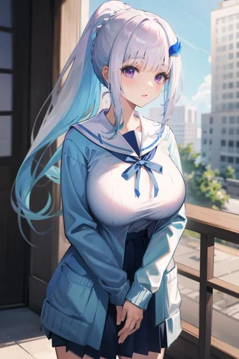 masterpiece, best quality, highres,
lh1, hair ornament, long hair, ponytail, open cardigan, blue cardigan, white sailor collar, long sleeves, blue ribbon, school uniform, serafuku.
<lora:lize_helesta_v10:0.7>, cowboy shot,outdoors,(big breasts:1.3),