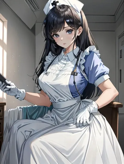 ((masterpiece, best quality, high quality)),1girl, (lower body, hospital), <lora:Long Nurse Apron 1:0.8> (nurse_uniform_long_3, gloves, apron, nurse cap, nurse,long dress),