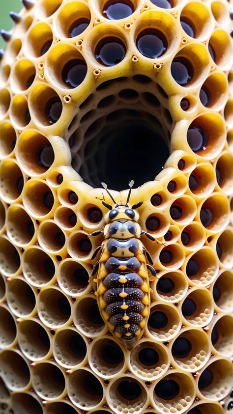 a close up of a bee on a honeycomb with a bee on it