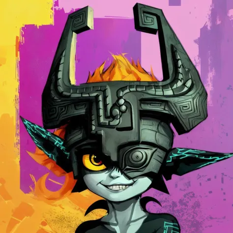 Imp Midna, she is looking at viewer, seductive smile, big helmet, shortstack, one eye covered Abstract surrealism, Abstract pop art style with halftone pattern background. Sketchy hard lines and heavy brush strokes. Meticulously drawn with vigorous details...