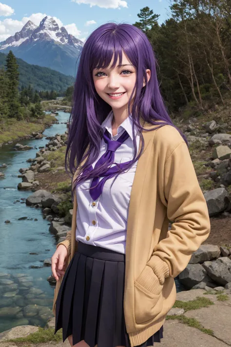 1girl, kubonagisa, purple eyes, purple hair, long hair, bangs, school uniform, cardigan, black skirt, red serafuku, smile, standing, mountain, river  <lora:kubo:1>