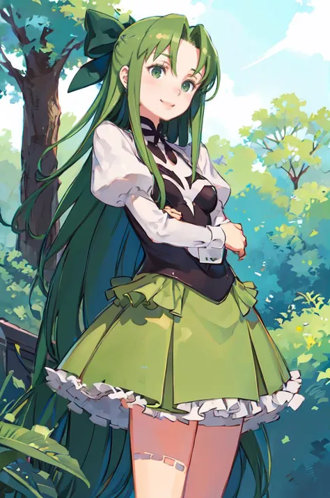 solo, light smile,  <lora:RtPL-Fia:1> Fia_(riviera), green eyes, green dress, very long hair, long hair, bow, dress, frills, frilled dress, long sleeves, puffy sleeves,  <lora:kuroboshi_kouhaku_style_v01:1>, ultra detailed, masterpiece, best quality,