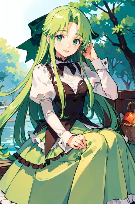 light smile,  <lora:RtPL-Fia:1> Fia_(riviera), green eyes, green dress, very long hair, long hair, bow, dress, frills, frilled dress, long sleeves, puffy sleeves,, ultra detailed, masterpiece, best quality,