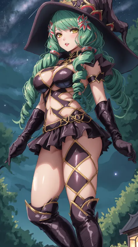 <lora:Fiore_Brunelli:0.8>,Fiore Brunelli,argyle,checkered,clothing cutout,drill hair,gloves,green hair,hat,long hair,microskirt,revealing clothes,ringlets,tail,thighhighs,twin drills,witch hat,thigh boots,high heel boots,night sky,outdoors,