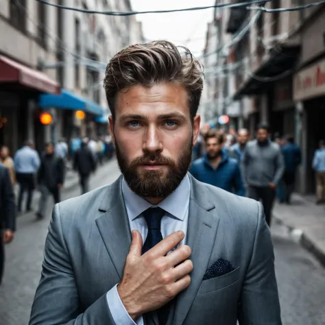 there is a man in a suit and tie standing in a crowded street