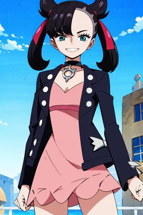 <lora:Oda_Eiichirou_Animation_Style_Dim32:0.8>, ((masterpiece,best quality)), absurdres, <lora:marnie_v1:0.7>, hmmarnie, aqua eyes, black choker, red ribbon, pink dress, jewelry, black jacket, open clothes, long sleeves,  solo, smiling, looking at viewer, ...