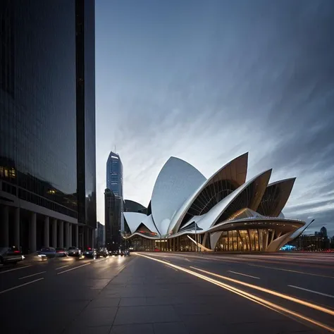 cinematic film still Picture a Zaha Hadid-designed opera house in the heart of the city, made surreal with moleskin-inspired architecture. Capture the fluidity and grace of the structure against the urban backdrop. . shallow depth of field, vignette, highl...