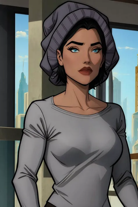 lois lane, black hair, short hair, blue eyes, grey shirt, long sleeves, grey beanie, upper body <lora:Lois Lane (Tomorrowverse)_v1:1>