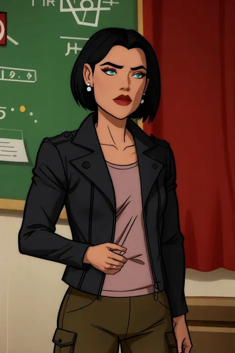 lois lane, black hair, short hair, blue eyes, black jacket, shirt, green pants, stud earrings, upper body <lora:Lois Lane (Tomorrowverse)_v1:1>