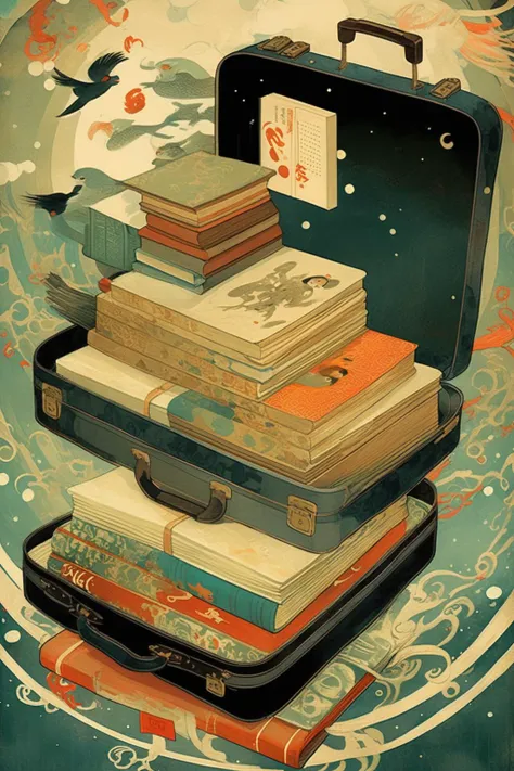 there is a suitcase with books stacked on top of it