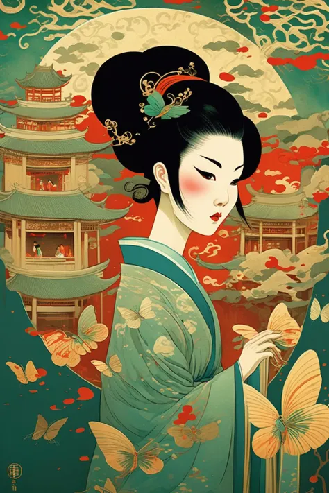 <lora:Victo Ngai Style:1>Victo Ngai Style - Illustration style, Victo Ngai style, ancient towns south of China as the background, Chinese colors, gradual background, fresh, everything comes back to life, green willow trees, female Yue opera actors in perfo...