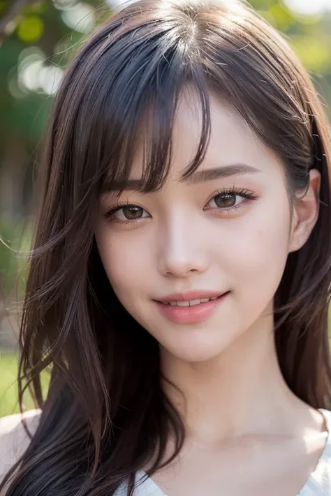 a close up of a woman with long hair and a white shirt