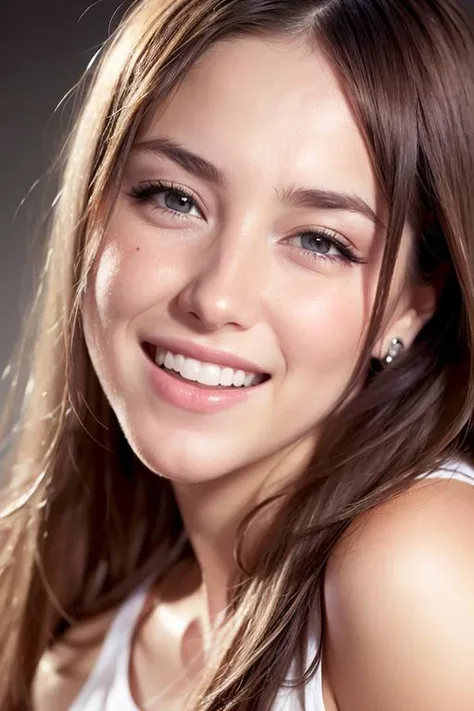 a close up of a woman with long hair smiling at the camera