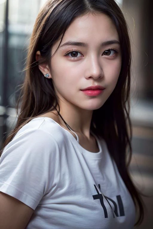 a close up of a woman with long hair wearing a white shirt