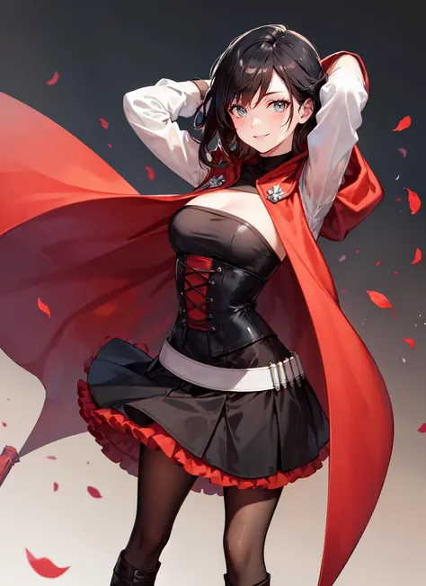 ((best quality)), ((highly detailed)), masterpiece, absurdres, (detailed eyes, deep eyes), (1girl), dynamic pose, full body, contrapposto, hands in hair, arms up, <lora:ruby_rose:.9>, ruby_rose, grey eyes, black hair, red tips, smiling, cape, dress, red ca...