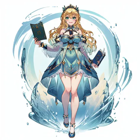 vtubermodel of 1girl , blonde hair , green eyes , magical blue dress, holding a magical book , high quality , extra detailed , rendered, white background, full body, smiling, sharp face<lora:VtuberMakerV2:0.75>