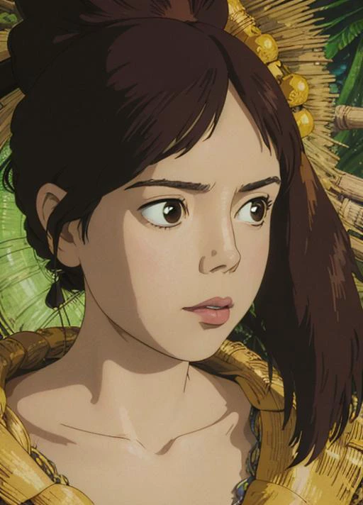 Portrait of a witch, studio ghibli, ghibli style, anime <lora:ghibli_style_offset:1>, solo, alfonso mucha, (bright) <lora:locon_aubrey:1.5>, sks woman, aubrey plaza