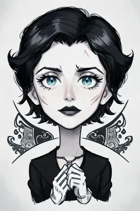 a drawing of a woman with blue eyes and a black jacket