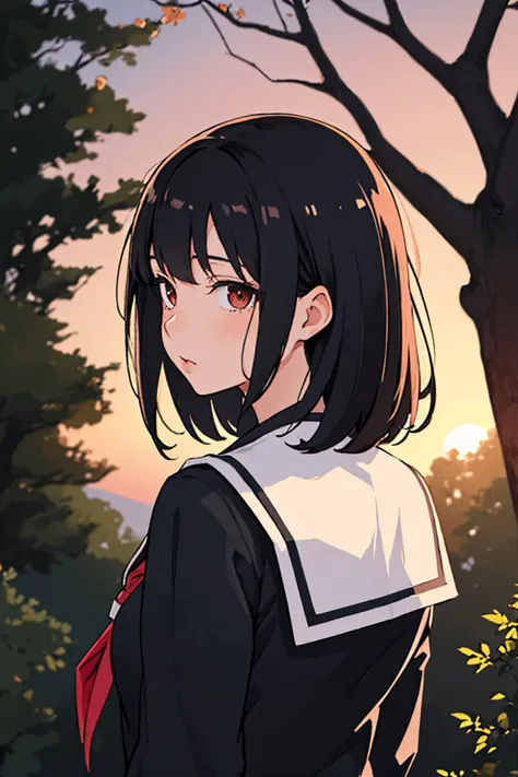 (masterpiece, best quality:1.2), from behind, upper body, solo, 1girl, looking back, medium hair, school uniform, black serafuku, sunset, trees