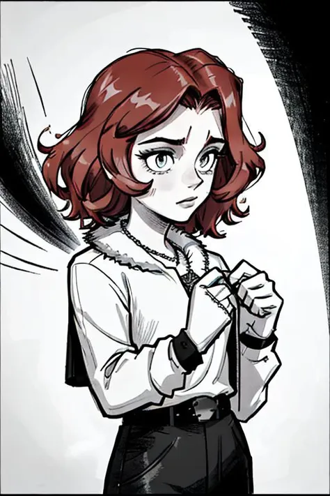 a drawing of a woman with red hair and glasses holding a knife