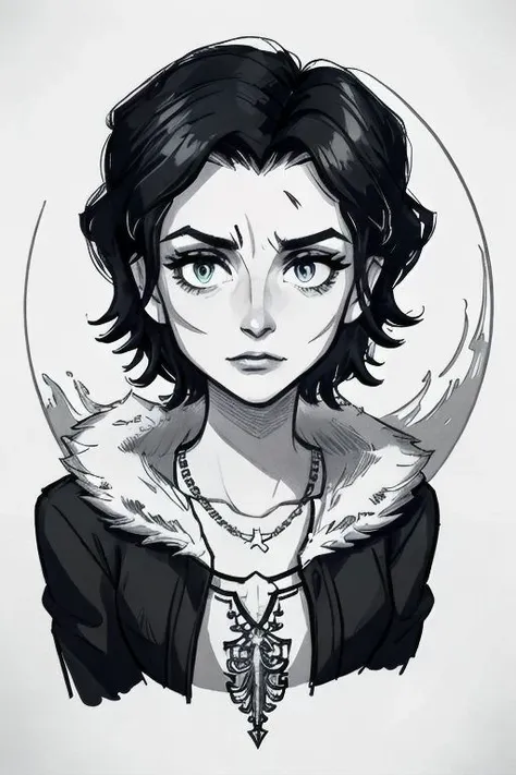 a drawing of a woman with a black hair and a necklace