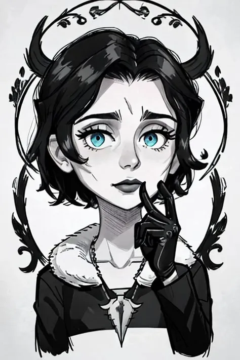 a drawing of a woman with horns and blue eyes