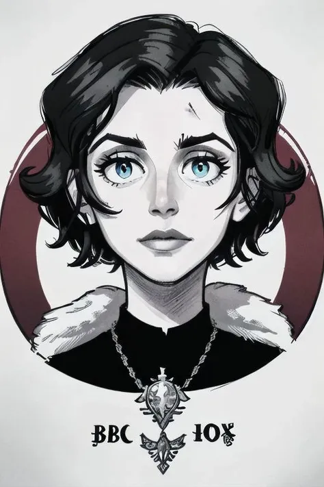 a drawing of a woman with blue eyes and a necklace