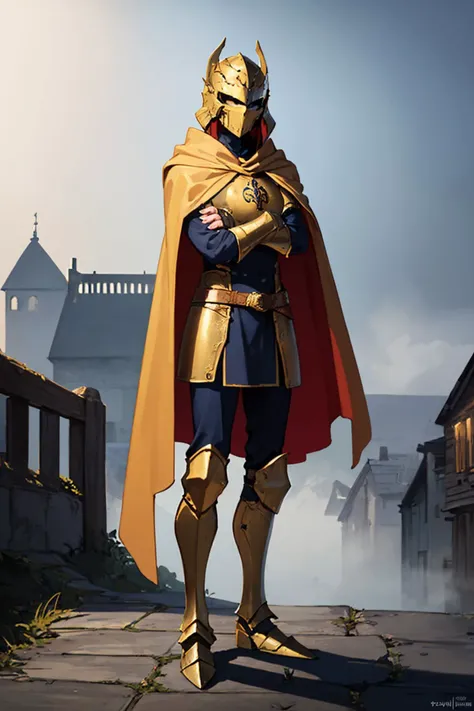 (masterpiece, best quality:1.2), full body, solo, 1other, crossed arms, helmet, armor, gold trim, cape, greaves, gauntlets, medieval, town, fog