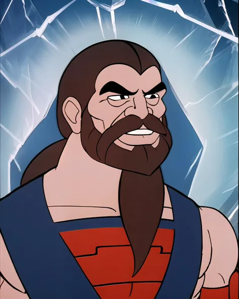 he-man style, one caucasian man in his thirties with a ponytail, long face, curly dark brown hair, long beard, big but proportioned nose, (eyes of neon icy color), shoulder yakuza tattoo, wearing an elegant (black jacket), smiling mischievously, neon color...