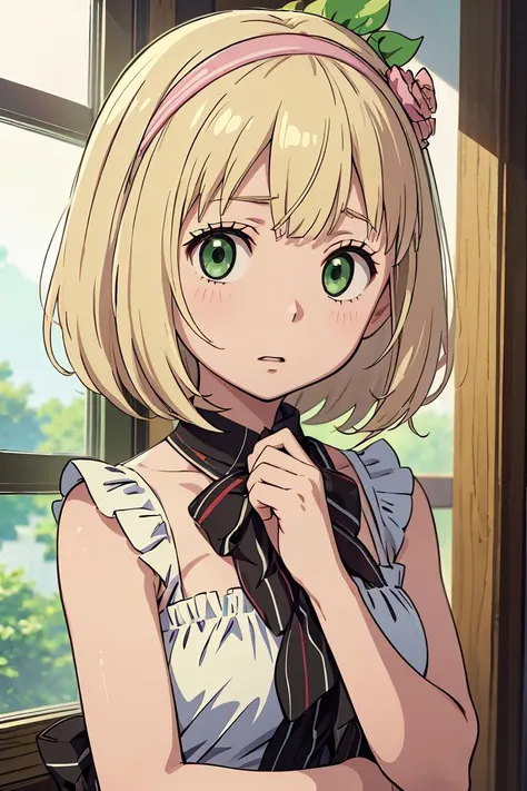 anime girl with blonde hair and green eyes wearing a dress