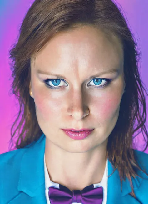 analog style, modelshoot style, portrait of sks woman in tuxedo, (perfect eyes), energetic and colorful streams of light (photo, studio lighting, hard light, sony a7, 50 mm, matte skin, pores, concept art, colors, hyperdetailed), with professional color gr...