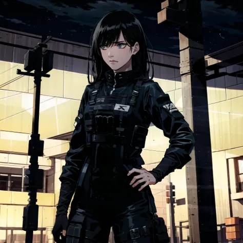 anime girl in black leather outfit standing in front of a building