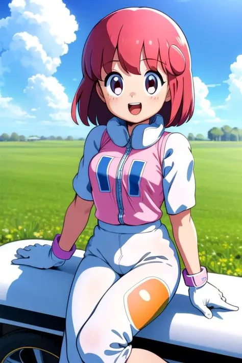 masterpiece,ultra detail,best quality,1girl,petite,pastel,outdoor,smile,strong wind, thumbs up,open field,happy, <lora:pastel:0.7>,printed shirt,glove,cloud,sitting on spherical vehicle,open mouth,teeth,winbee