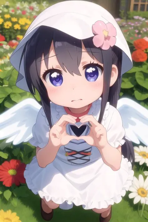 masterpiece,ultra detail,best quality,1girl,petite,chibi, watahana,outdoor,flower garden,shy,blush <lora:Wataten_Hana-v20:0.7>angel costume,open hands,heart sign,from above